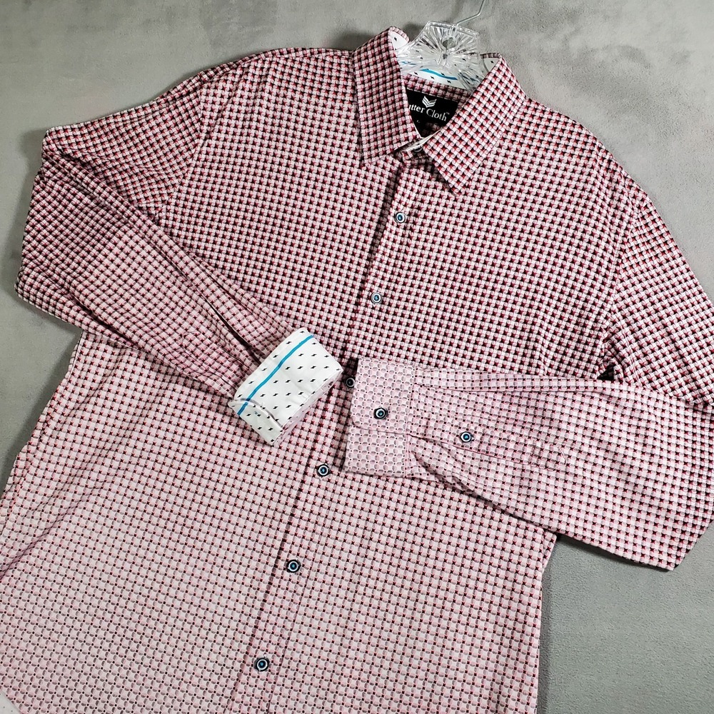 Butter Cloth Shirt Mens L Pink Red Tonal Geometric All Over Print Flip‎ Cuff